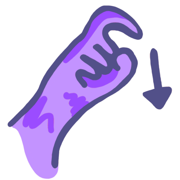 a purple hand making the ASL sign for need with an arrow beside it to show movement.